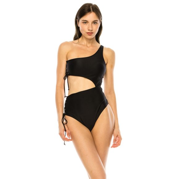 ONE PIECE SIDE LACE CUTOUT ONE SHOULDER SWIMSUIT (AY1324) - Picture 1 of 10